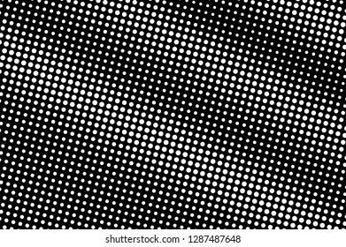White dots on black background. Rough halftone vector texture. Diagonal dotwork gradient. Monochrome halftone overlay for vintage design. Perforated surface. Pop art style dot texture card