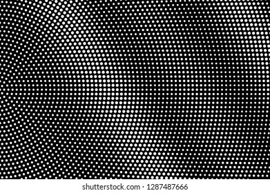White dots on black background. Smooth halftone vector texture. Diagonal dotwork gradient. Monochrome subtle halftone overlay for vintage design. Perforated surface. Pop art style dot texture card