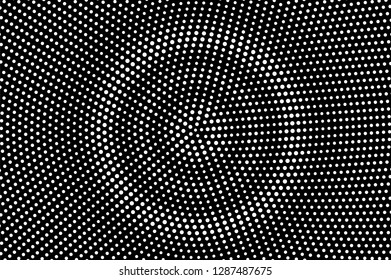 White dots on black background. Grungy centered halftone vector texture. Round dotwork gradient. Monochrome halftone overlay for vintage design. Perforated surface. Pop art style dot texture card