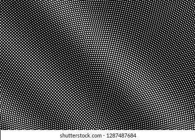 White dots on black background. Radial halftone vector texture. Diagonal dotwork gradient. Monochrome halftone overlay for vintage design. Perforated surface. Pop art style dot texture card