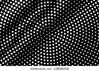 White dots on black background. Circular halftone vector texture. Diagonal dotwork gradient. Monochrome halftone overlay for vintage effect. Dark perforated surface. Pop art style dot texture card
