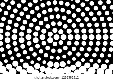White dots on black background. Round halftone vector texture. Rough dotwork gradient. Monochrome halftone overlay for vintage effect. Dark perforated surface. Pop art style dot texture card
