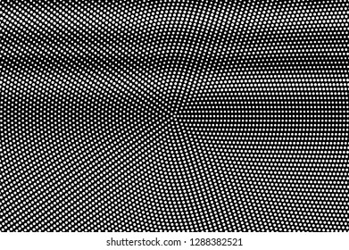 White dots on black background. Frequent halftone vector texture. Horizontal dotwork gradient. Monochrome halftone overlay for vintage effect. Dark perforated surface. Pop art style dot texture card