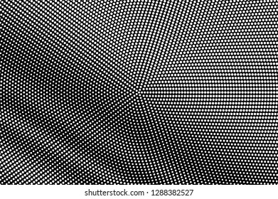 White dots on black background. Frequent halftone vector texture. Diagonal dotwork gradient. Monochrome halftone overlay for vintage effect. Dark perforated surface. Pop art style dot texture card