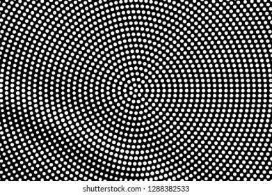 White dots on black background. Circular halftone vector texture. Diagonal dotwork gradient. Monochrome halftone overlay for vintage effect. Dark perforated surface. Pop art style dot texture card