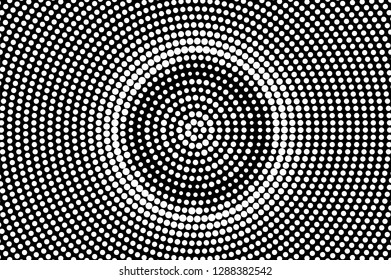 White dots on black background. Round halftone vector texture. Centered dotwork gradient. Monochrome halftone overlay for vintage effect. Dark perforated surface. Pop art style dot texture card