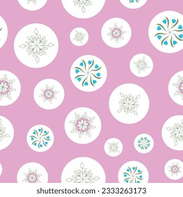 The white dots scattered on this pink background have wheels of green line art leaves, pink peonies, blue tulips, and purple lilies to create this repeat seamless pattern design.