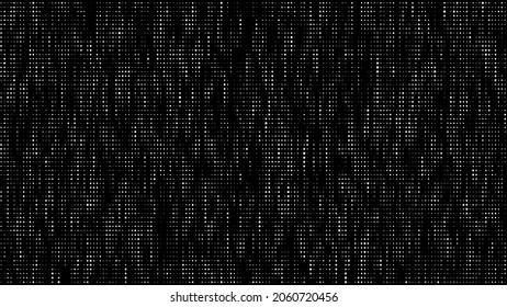 White dots texture with noise effect. Abstract halftone background. Vector glitch backdrop. Digital screen with matrix or binary code.