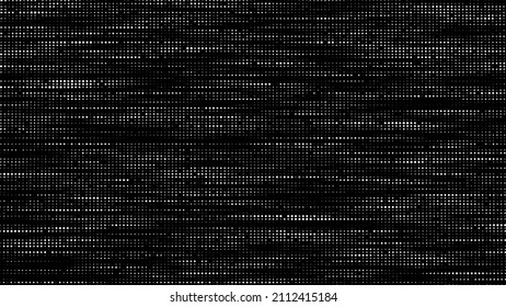 White dots texture with noise effect. Abstract halftone background. Vector glitch backdrop. Digital screen with matrix or binary code.