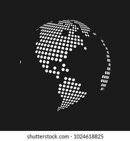White dotted 3d earth world map globe in black background. Vector illustration.