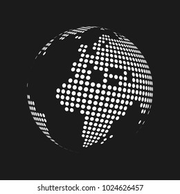 White dotted 3d earth world map globe in black background. Vector illustration.