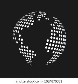 White dotted 3d earth world map globe in black background. Vector illustration.