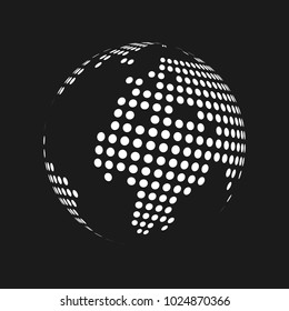 White dotted 3d earth world map globe in black background. Vector illustration.