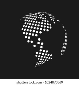 White dotted 3d earth world map globe in black background. Vector illustration.