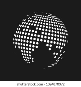 White dotted 3d earth world map globe in black background. Vector illustration.