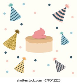 white dotted background with decorative party hat sets and sweet cake in the center vector illustration
