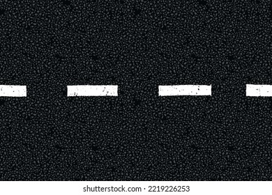 White dotted line on tarmac road top view. Highway traffic mark vector illustration. Background with old grunge paint texture on asphalt surface. Roadway seamless pattern. Straight urban driveway