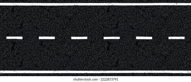 White dotted and solid highway traffic marks lines on tarmac road top view. Vector illustration. Background with old paint texture on asphalt surface. Roadway seamless pattern. Straight urban driveway