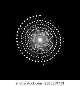 White dotted speed linesin circle form. Geometric art Spiral dots on black background. Design element for design project Vector illustration