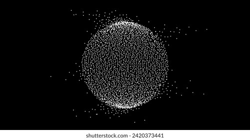 White dotted sphere with dissolve effect. Stipple disintegrating circle on black background. Halftone textured ball with noise dot work grain. Radial grunge particles. Dot sphere bubble. Vector