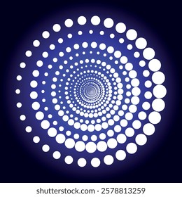 White dotted spiral vortex on a deep blue background, symbolizing motion, energy, and hypnotic visual effects