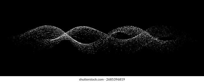 White dotted stipple noise waves on a black background, representing a dynamic vector texture or abstract pattern for modern design.
