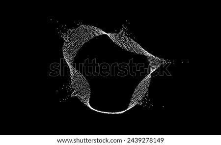 White dotted wavy lines with dissolve effect. Stipple disintegrating curved circle on black background. Halftone textured sphere with noise grain. Grunge dispersing particles, speckles. Vector dotwork