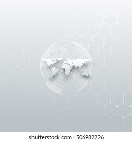 White dotted world globe, connecting lines and dots on gray color background. Chemistry pattern, hexagonal molecule structure, medical research. Medicine, technology concept. Abstract design vector.