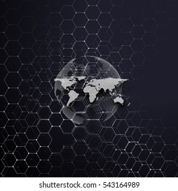 White dotted world globe, connecting lines and dots on colorful background. Chemistry pattern, hexagonal molecule structure, medical research. Medicine, technology concept. Abstract design vector.