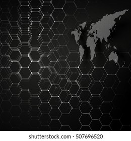 White dotted world map, connecting lines and dots on black color background. Chemistry pattern, hexagonal molecule structure, scientific research. Medicine, science concept. Abstract design vector