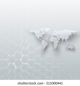 White dotted world map, connecting lines and dots on gray color background. Chemistry pattern, hexagonal molecule structure, medical research. Medicine, technology concept. Abstract design vector.