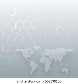 White dotted world map, connecting lines and dots on gray color background. Chemistry pattern, hexagonal molecule structure, medical research. Medicine, technology concept. Abstract design vector.