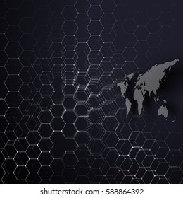 White dotted world map, connecting lines and dots on colorful background. Chemistry pattern, hexagonal molecule structure, medical research. Medicine, technology concept. Abstract design vector.