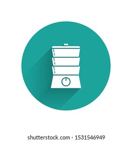 White Double boiler icon isolated with long shadow. Green circle button. Vector Illustration