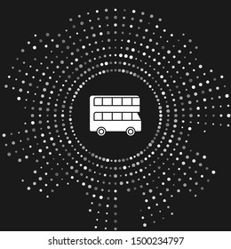 White Double decker bus icon isolated on grey background. London classic passenger bus. Public transportation symbol. Abstract circle random dots. Vector Illustration