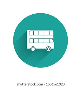White Double decker bus icon isolated with long shadow. London classic passenger bus. Public transportation symbol. Green circle button. Vector Illustration