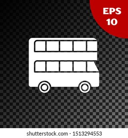 White Double decker bus icon isolated on transparent dark background. London classic passenger bus. Public transportation symbol.  Vector Illustration
