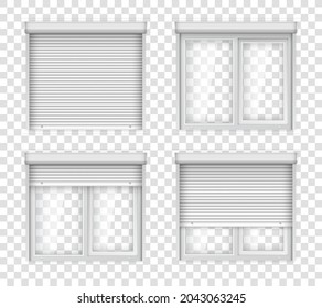 White double plastic windows with shutters. Realistic jalousie for plastic window. Closed and open windows with blinds mockup template for interior decoration design