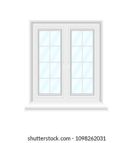 White double window frame on white background with blue gradient glasses. Closed realistic vector window element for architecture and interior design. Vector illustration, EPS10.