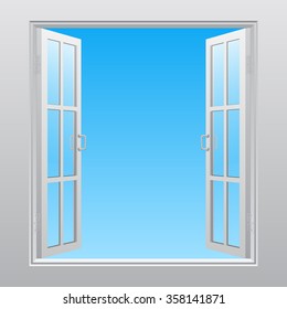 White double window into sky open outwardly. Concept design. Vector illustration 