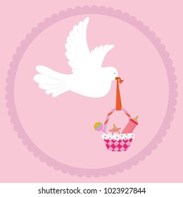 White dove with a basket, with children's items for the newborn. To decorate postcards, albums. Vector illustration.