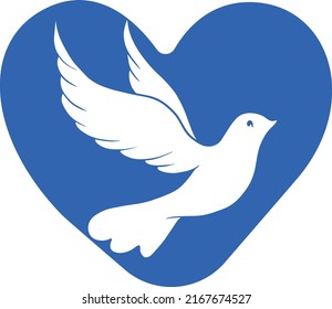 White Dove bird with blue heart. Vector illustration card.