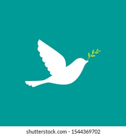 White dove bird with green sprig.  Icon isolated on blue.  Peace, holiday, love, hope vector symbol. International  Peace day sign. 