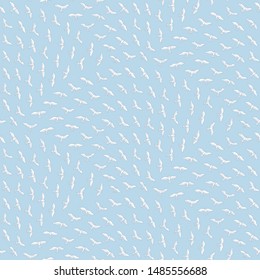 White dove birds with grey hand drawn contour flying on a blue sky background. Vector seamless wavy pattern with geometrical scale order. Fan shaped wallpaper, chintz  print, web page, wrapping paper
