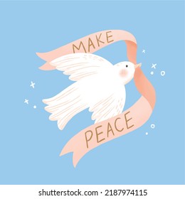 White dove biting make peace ribbon doodle vector illustration