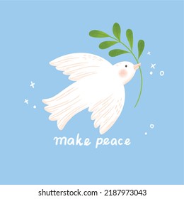 White dove biting peace olive branch leaf doodle vector illustration