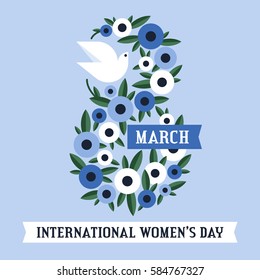 White dove and blue flowers of anemone and 8 March lettering on blue ribbon. International women's day greeting card