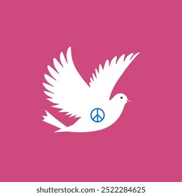 white dove with a blue peace symbol on its body, flying against a pink background. Symbolizing peace and harmony. International world day of peace concept design. 