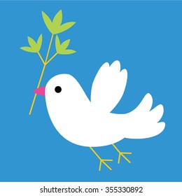 White dove with a branch in its beak. Dove of peace. Vector.
