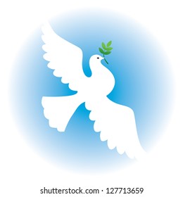 White dove with a branch on a background of blue sky